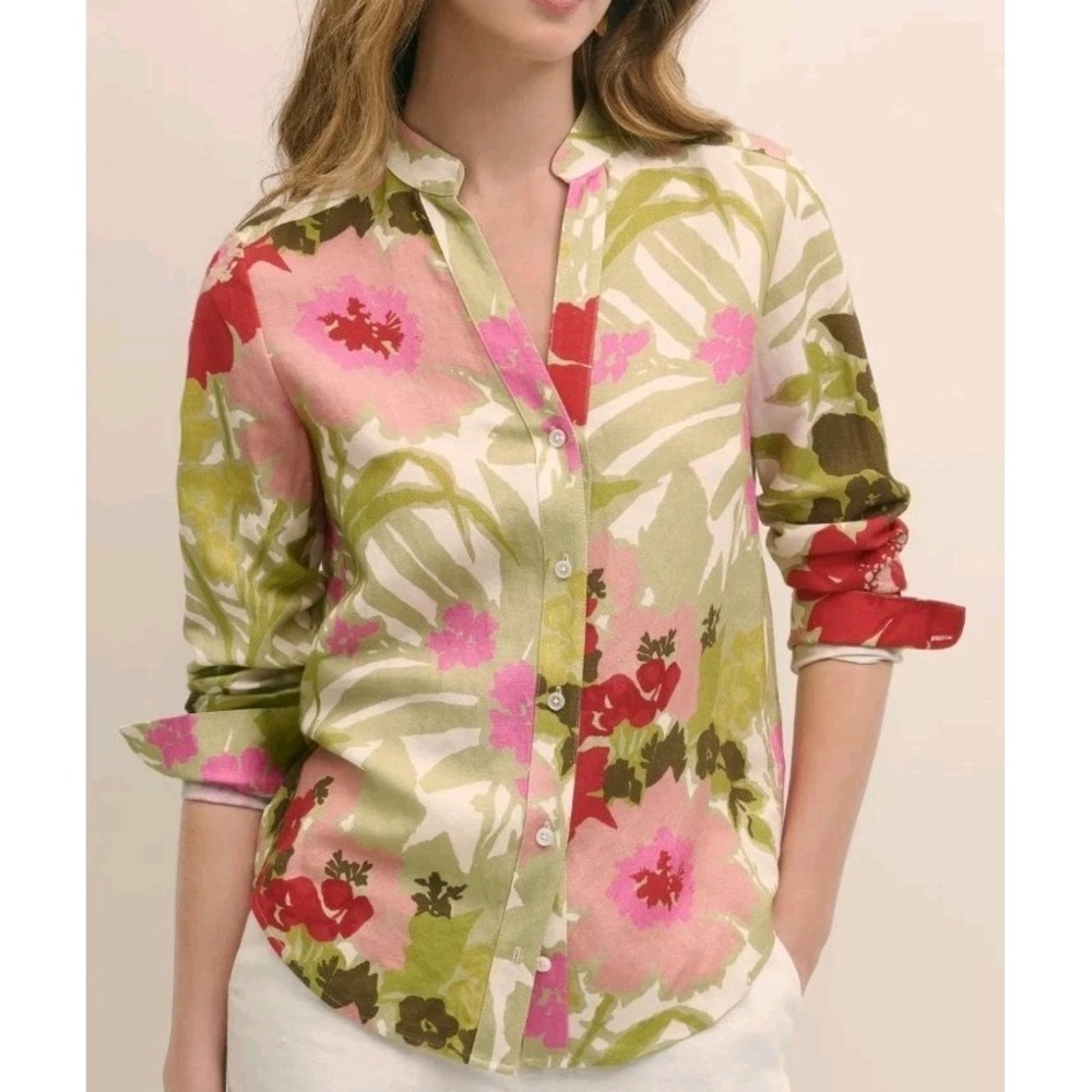 Brooks Brothers Floral Linen/Viscose Woven Collared Button-Up Blouse Size M